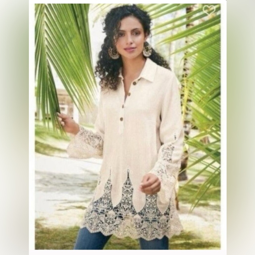 Soft Surroundings Light Blue Lace Trim Blouse